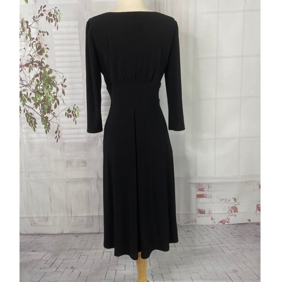 Julian Taylor 8 Dress Black Stretch Jersey LBD 3/4 Sleeve Pleated Scoop Neck EUC - Picture 2 of 10